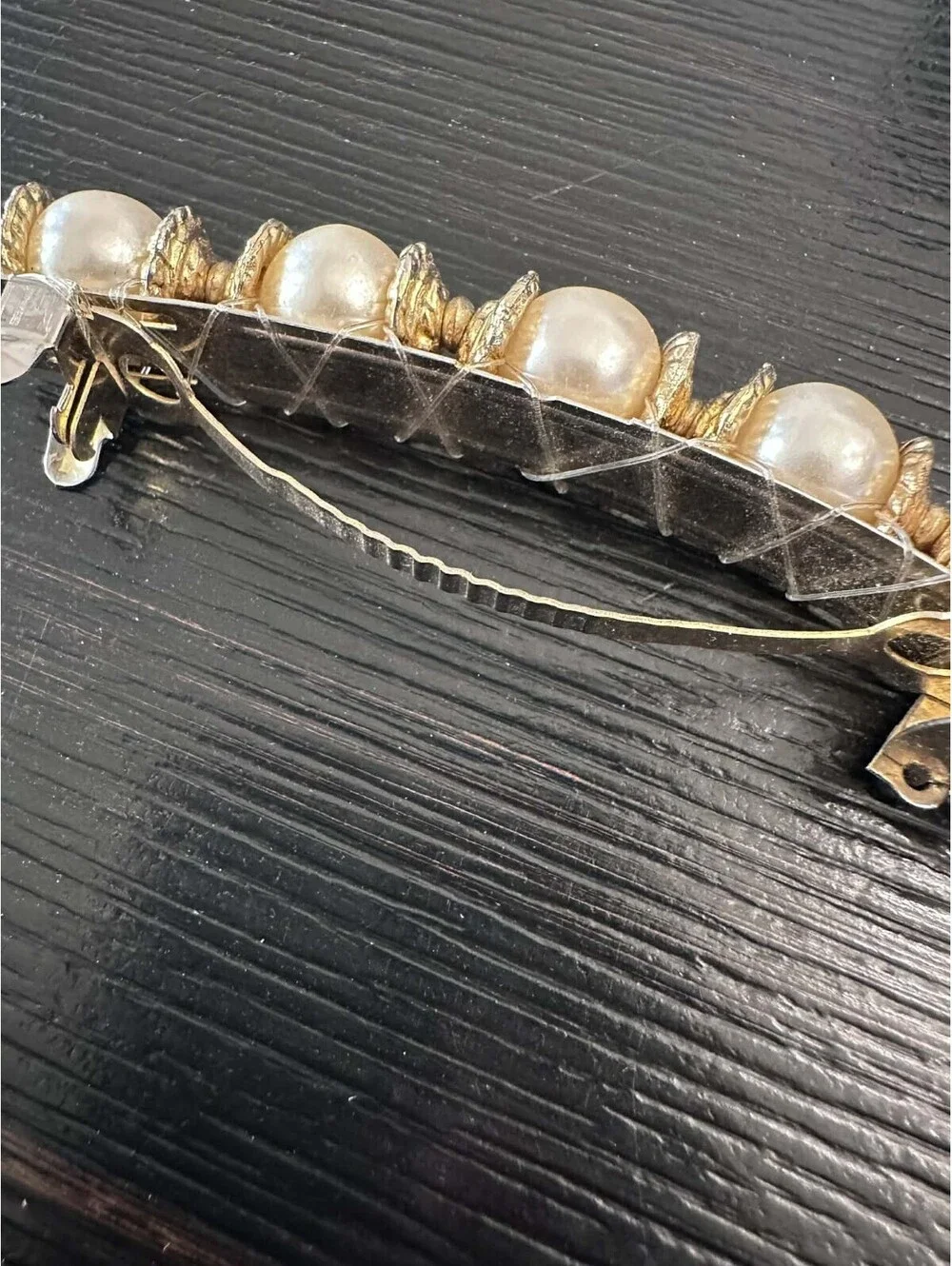 Vintage Faux Pearl Gold Tone Barrette White Beaded Hair Clip Gold Spacers EUC